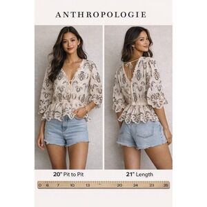 Anthropologie Embroidered Cotton Peplum Blouse Cream Eyelet V-Neck Top Large